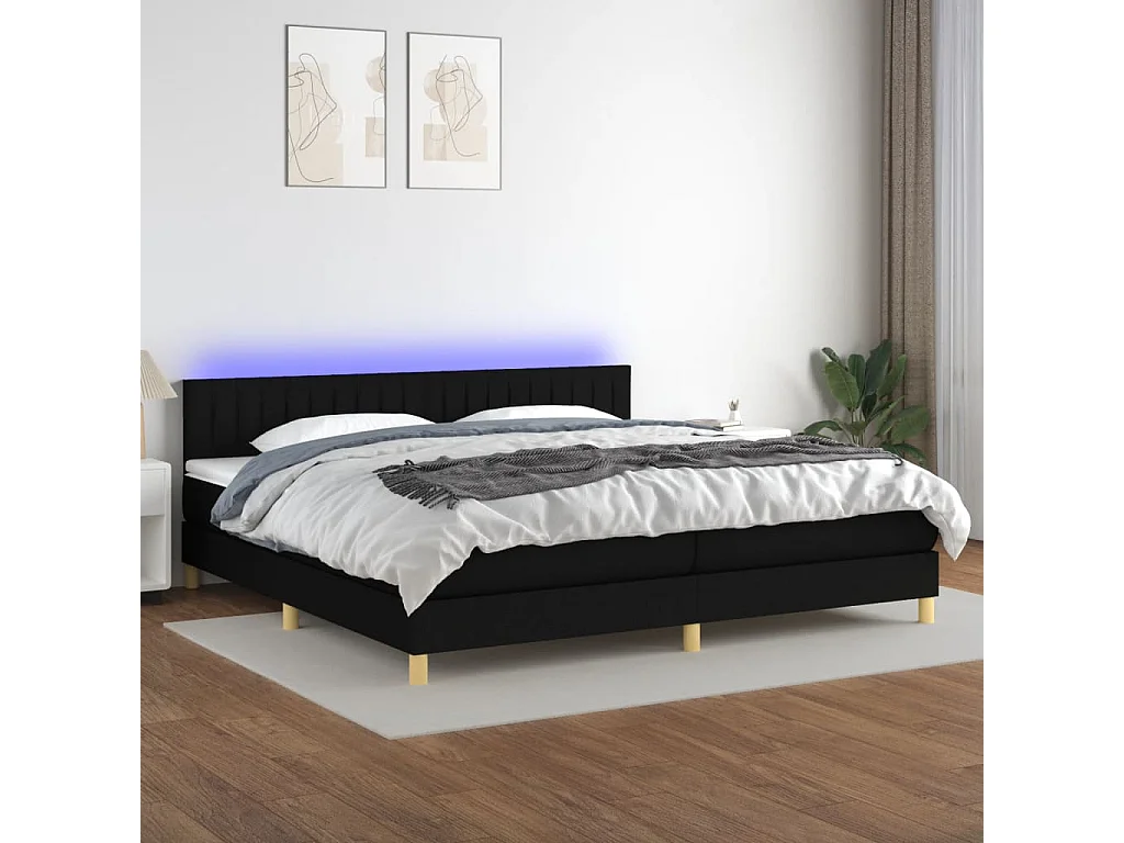Sommier à lattes de lit et matelas et LED Noir 200x200 Tissu