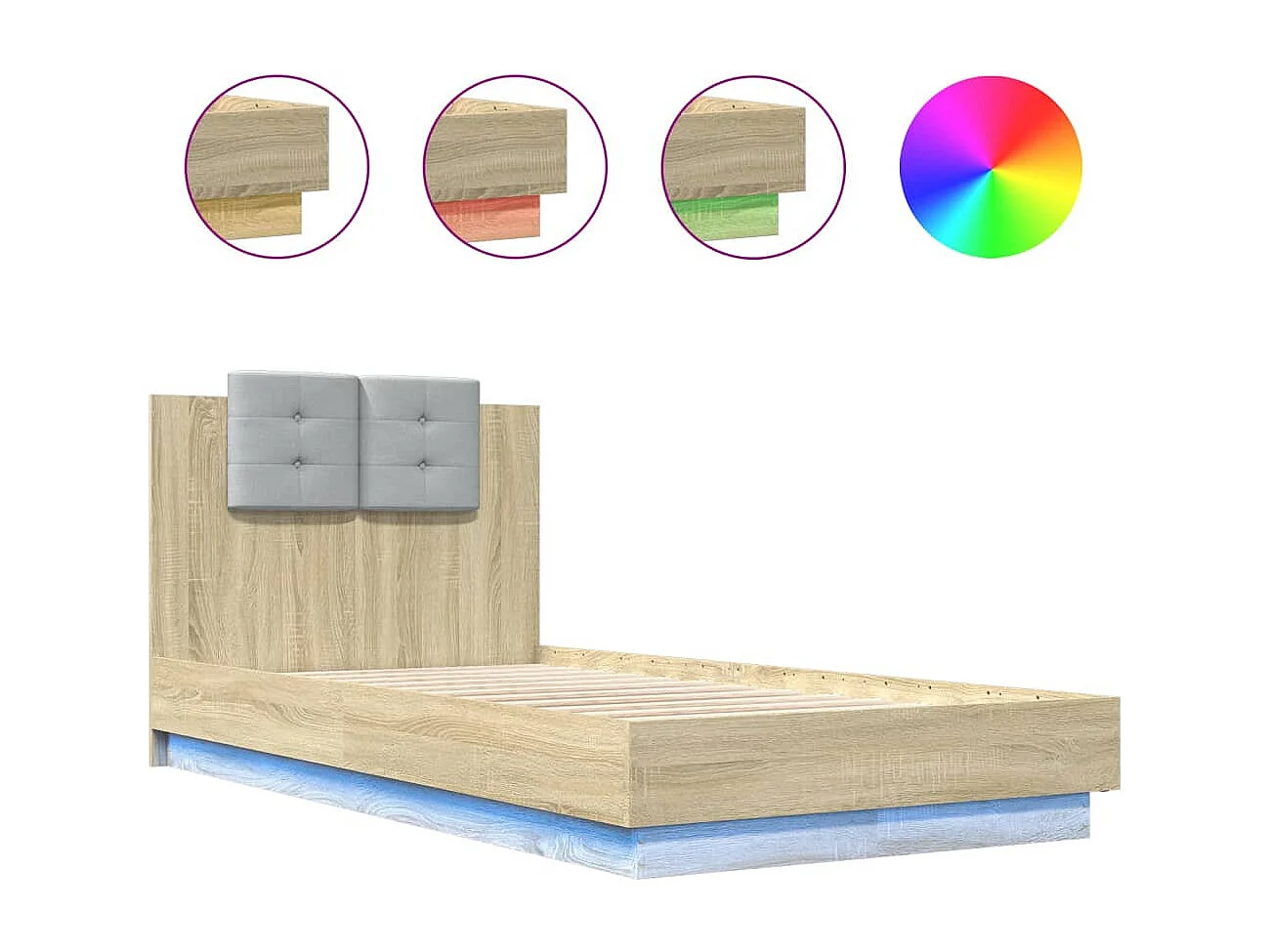 Cadre de lit tête de lit et lumières LED chêne sonoma 90x190