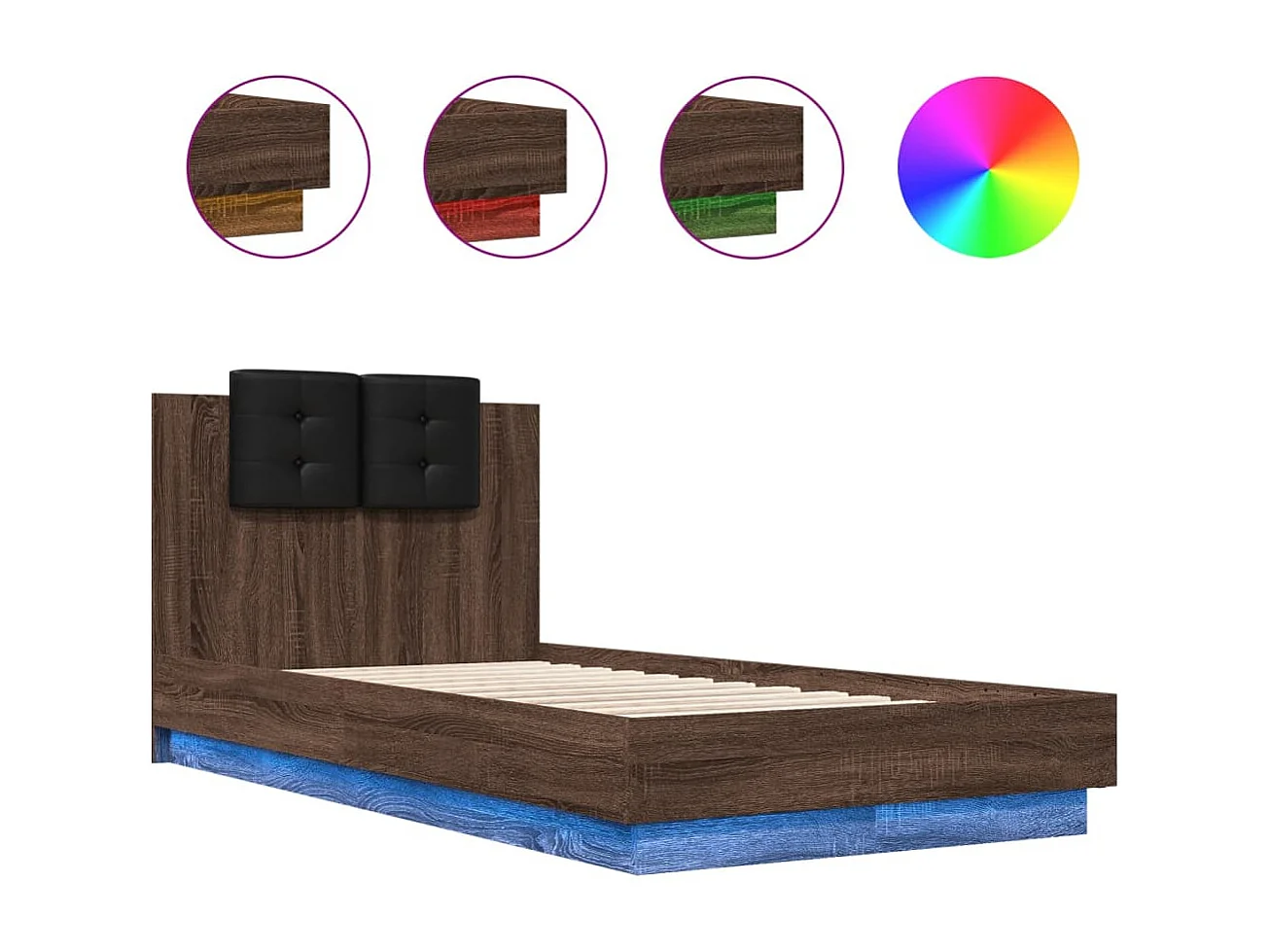 Cadre de lit tête de lit et lumières LED chêne marron 75x190