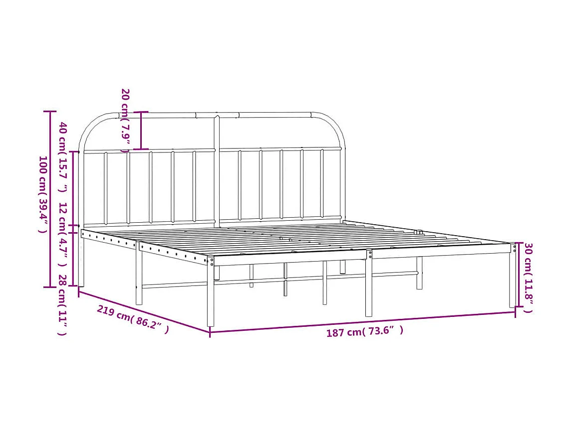 Cadre de lit métal avec tête de lit noir 183x213