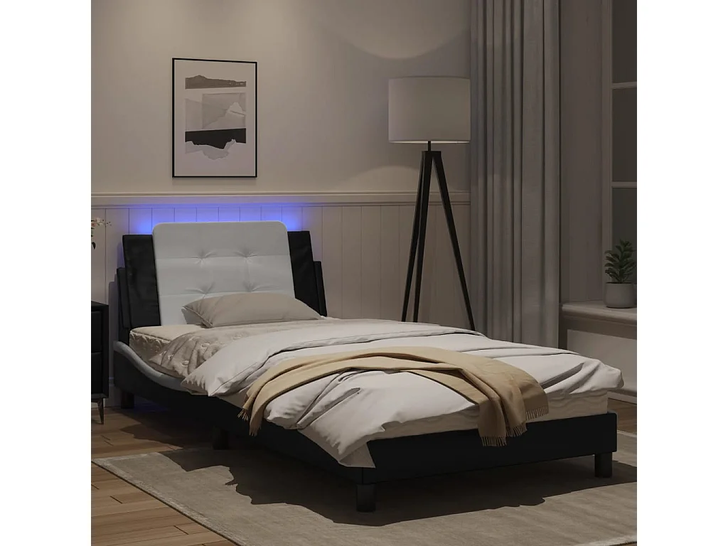 Cadre de lit avec lumières LED noir blanc 100x200 similicuir