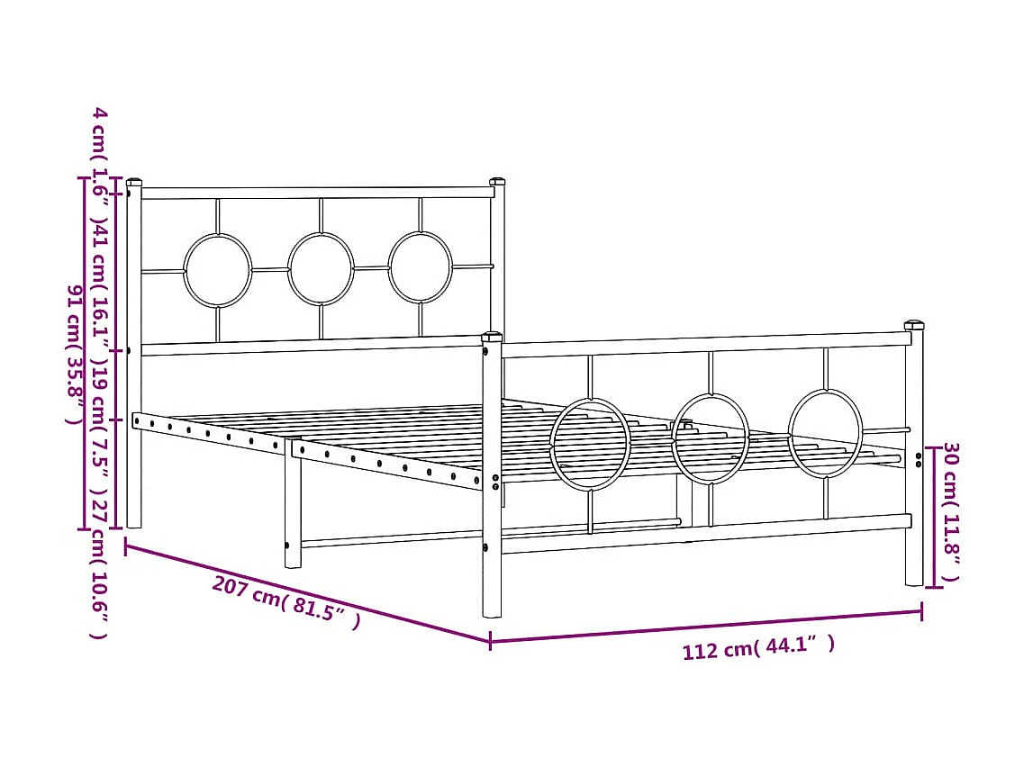 Cadre de lit métal avec tête de lit-pied de lit noir 107x203