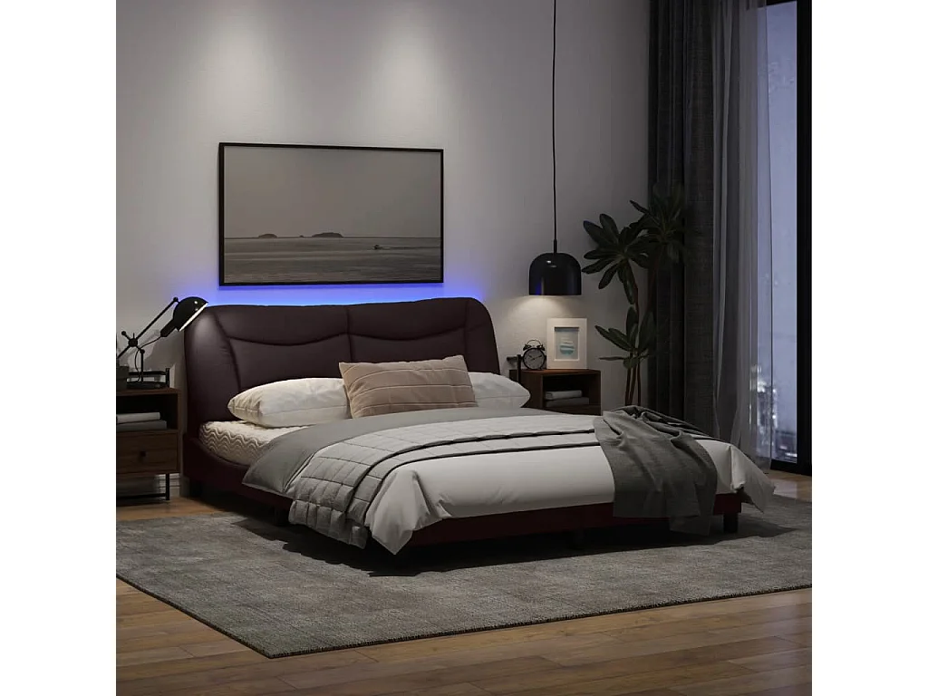 Cadre de lit avec lumières LED marron foncé 160x200 tissu