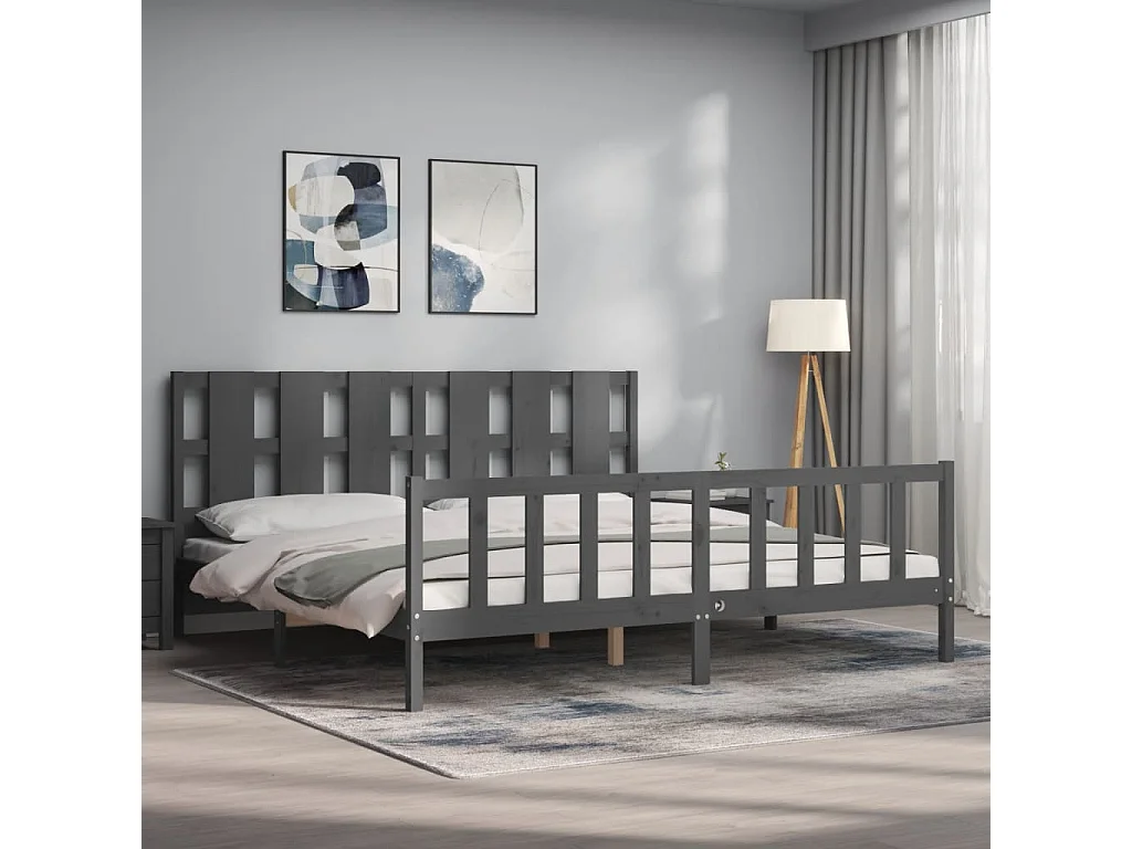 Cadre de lit avec tête de lit gris 200x200 bois massif