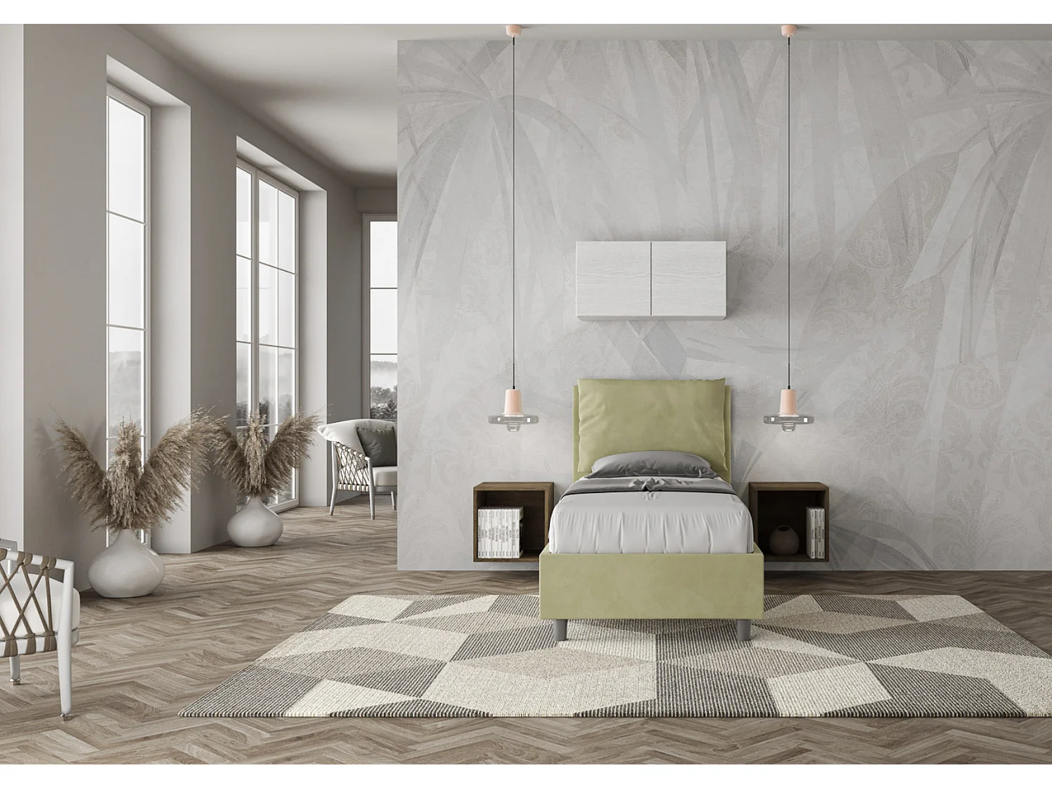 Lit adulte moderne avec coussins rembourrés microfibre Anja-Couleur Vert kaki-90x190-Option Avec sommier