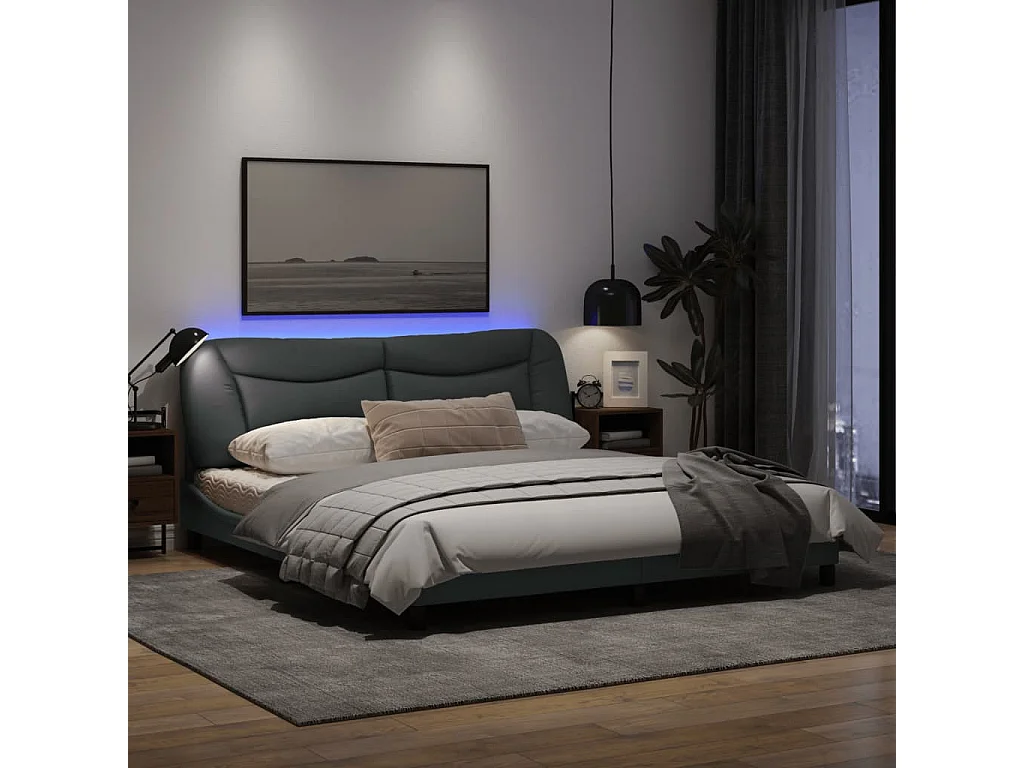 Cadre de lit avec lumières LED gris clair 180x200 tissu