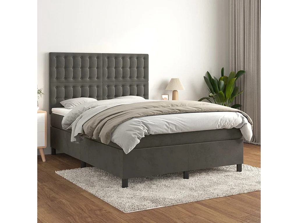 Lit à sommier tapissier et matelas Gris foncé 140x200 Velours