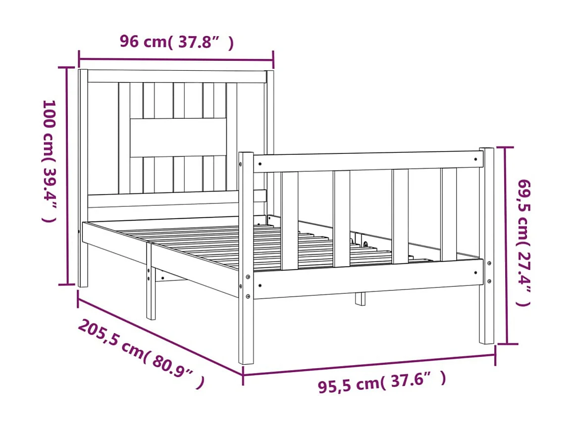 Cadre de lit avec tête de lit blanc bois de pin massif 90x200