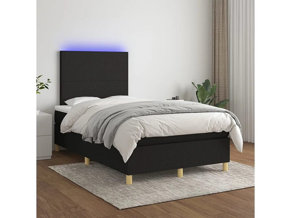 Sommier à lattes de lit matelas et LED noir 120x190 tissu