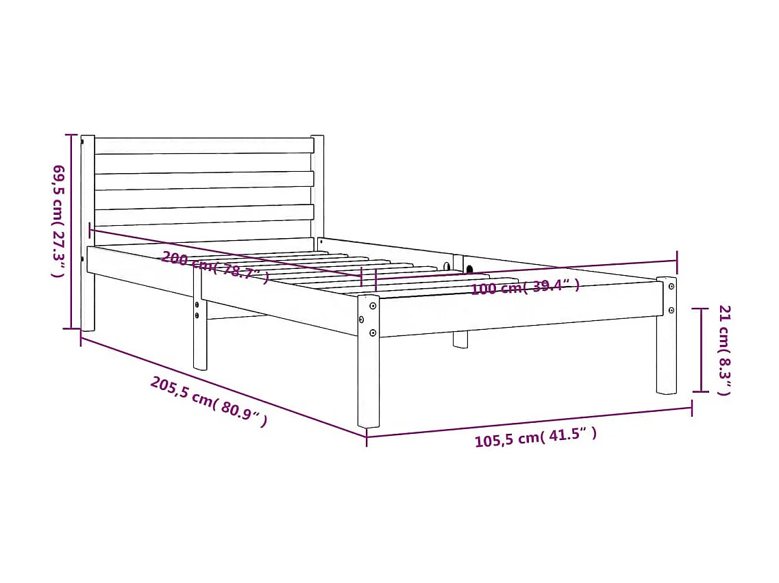 Cadre de lit marron 100x200 bois de pin massif