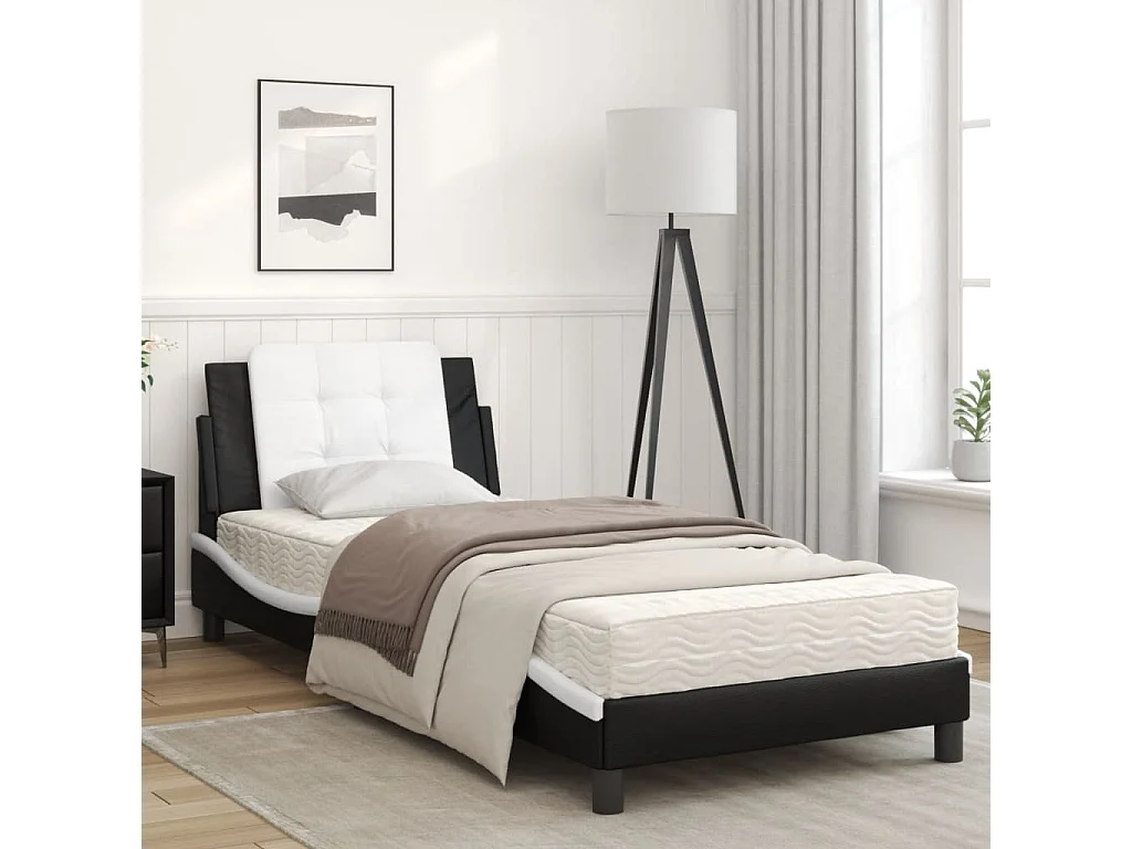 Lit avec matelas noir et blanc 90x190 similicuir