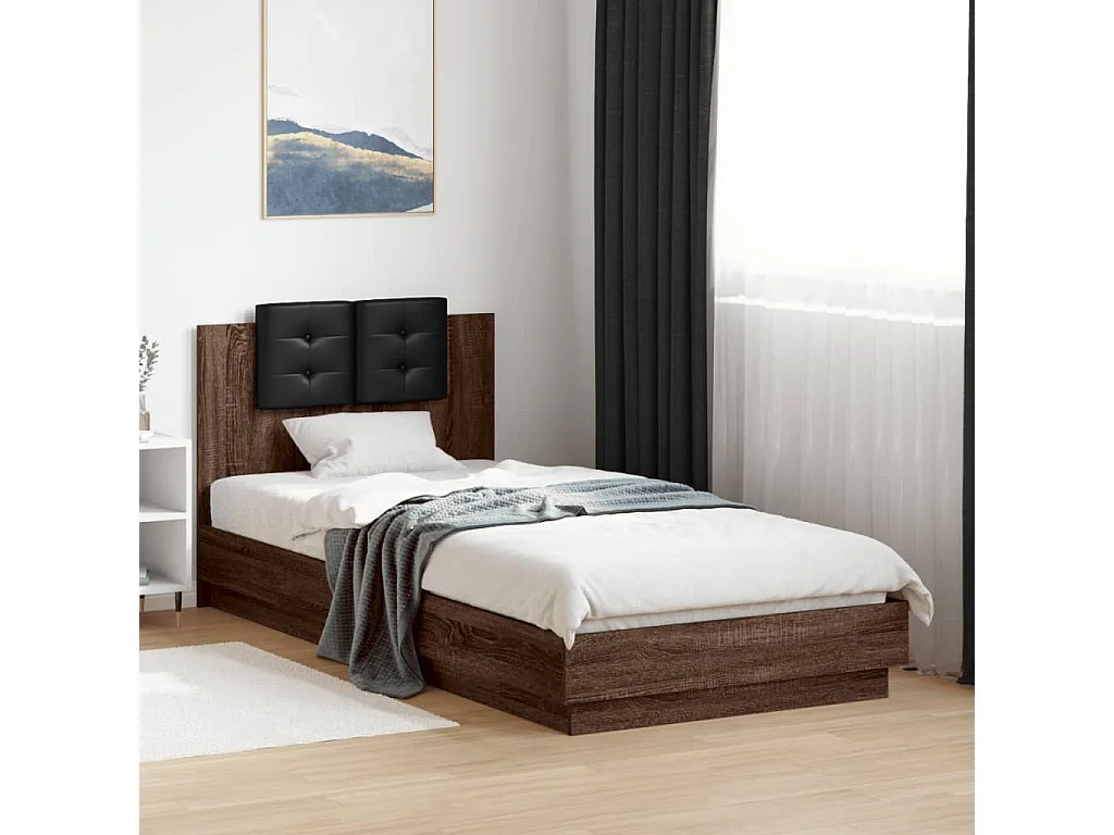 Cadre de lit tête de lit et lumières LED chêne marron 100x200