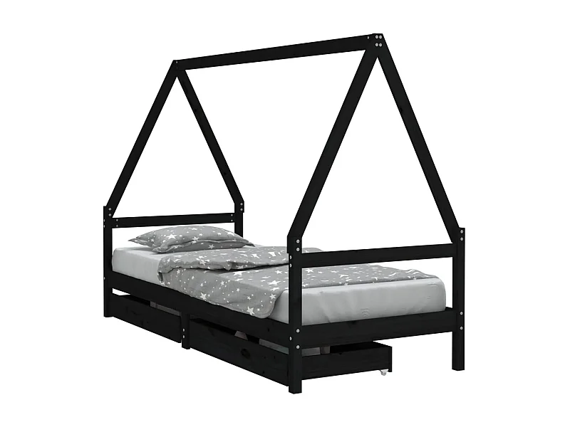Cadre de lit enfant tiroirs noir 80x200 bois de pin massif