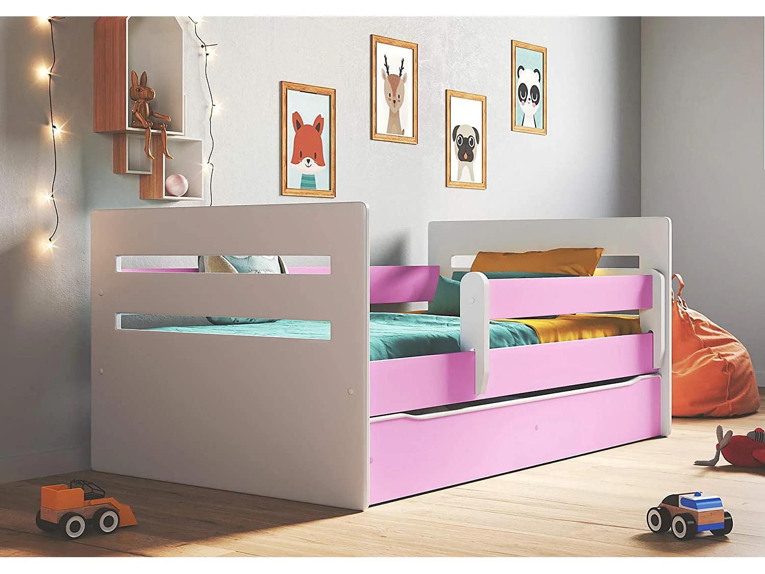 Lit enfant avec barrière de sécurité amovible blanc et rose Moly-80x140