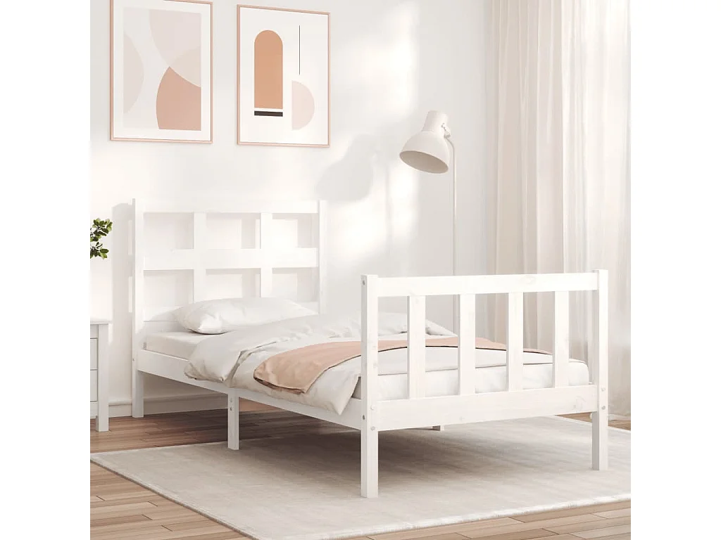 Cadre de lit avec tête de lit blanc 90x200 bois massif