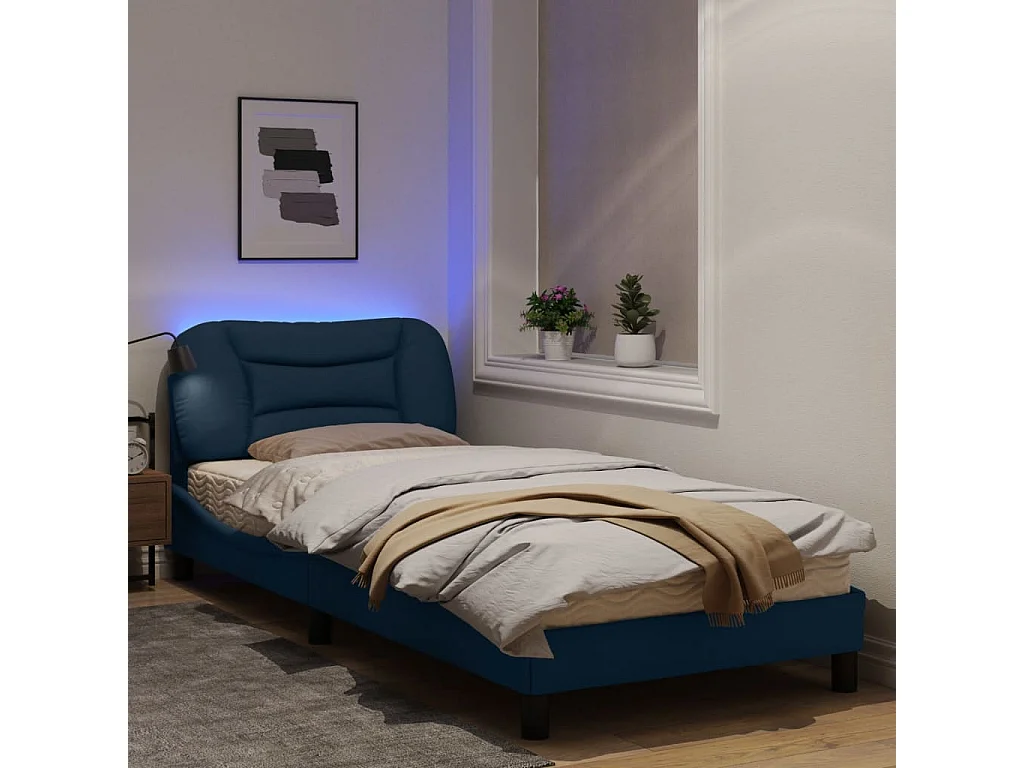 Cadre de lit avec lumières LED bleu 90x200 tissu