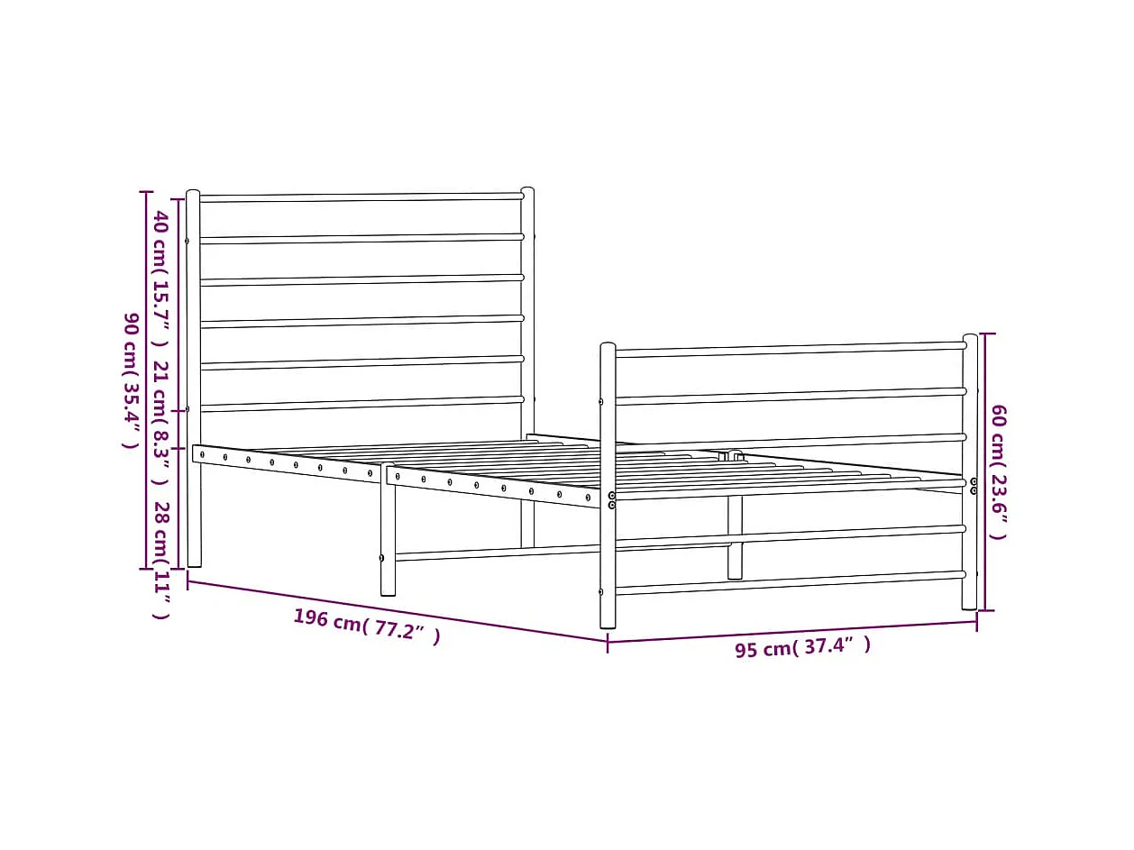 Cadre de lit métal avec tête de lit-pied de lit blanc 90x190