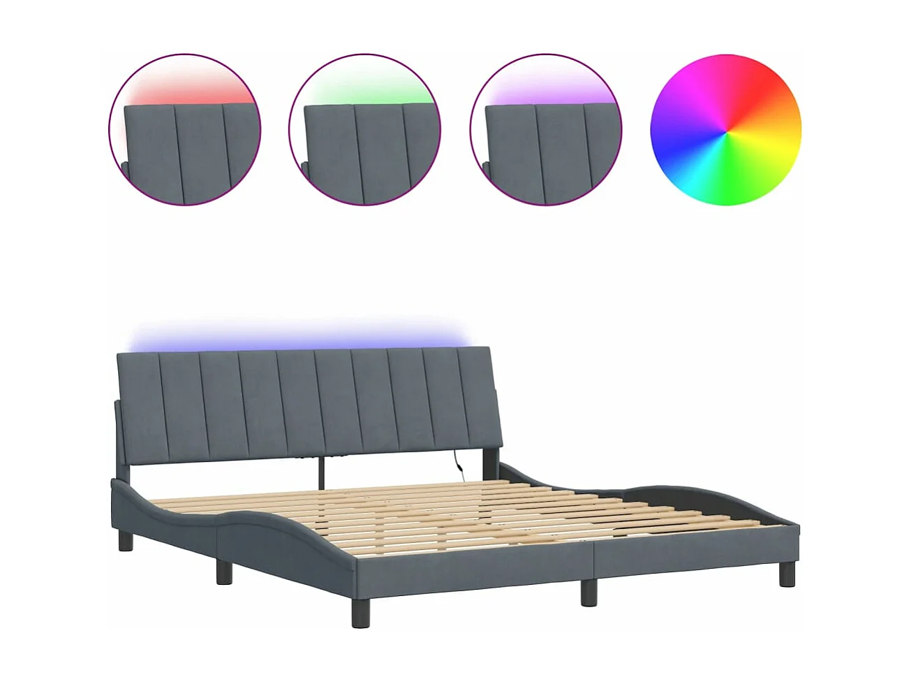 Cadre de lit avec lumières LED gris foncé 180x200 velours