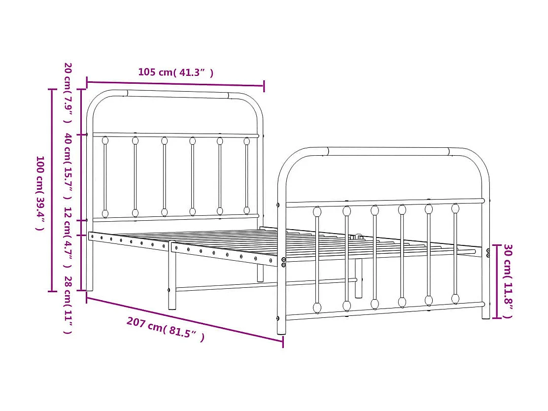 Cadre de lit métal avec tête de lit-pied de lit blanc 100x200
