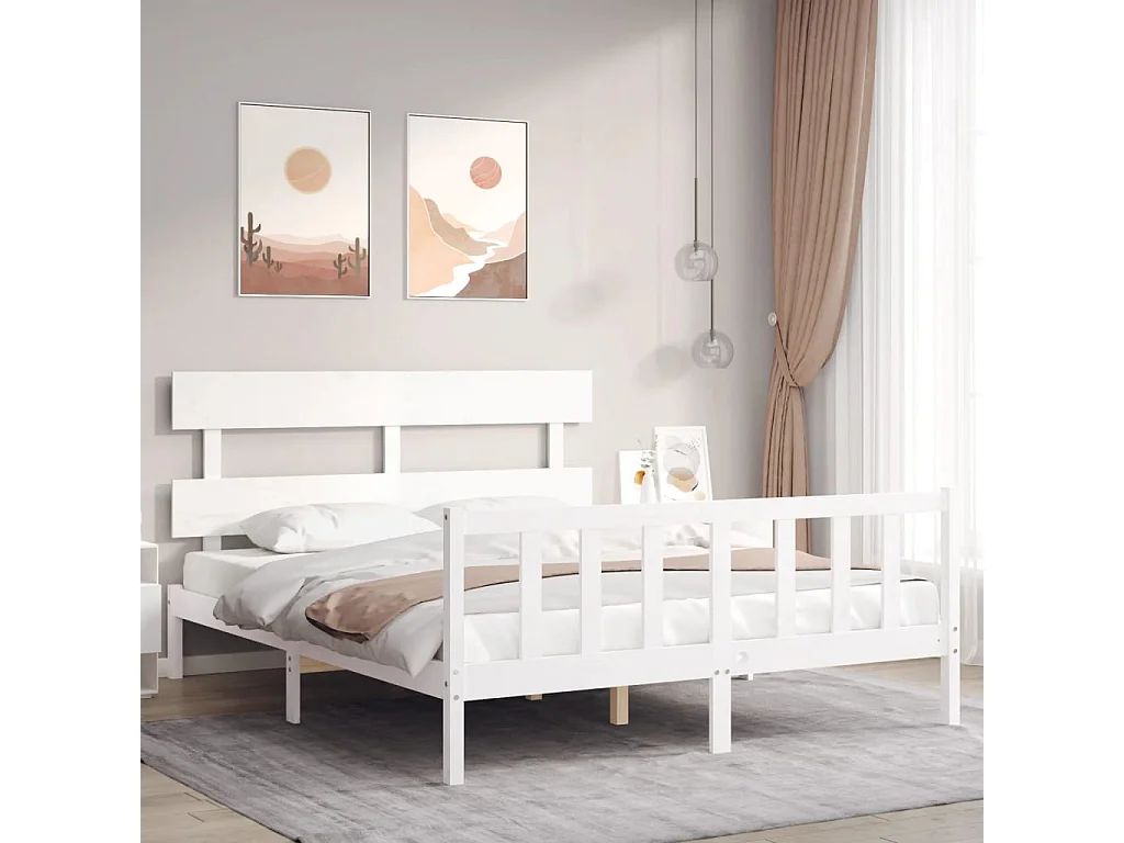 Cadre de lit avec tête de lit blanc 160x200 bois massif