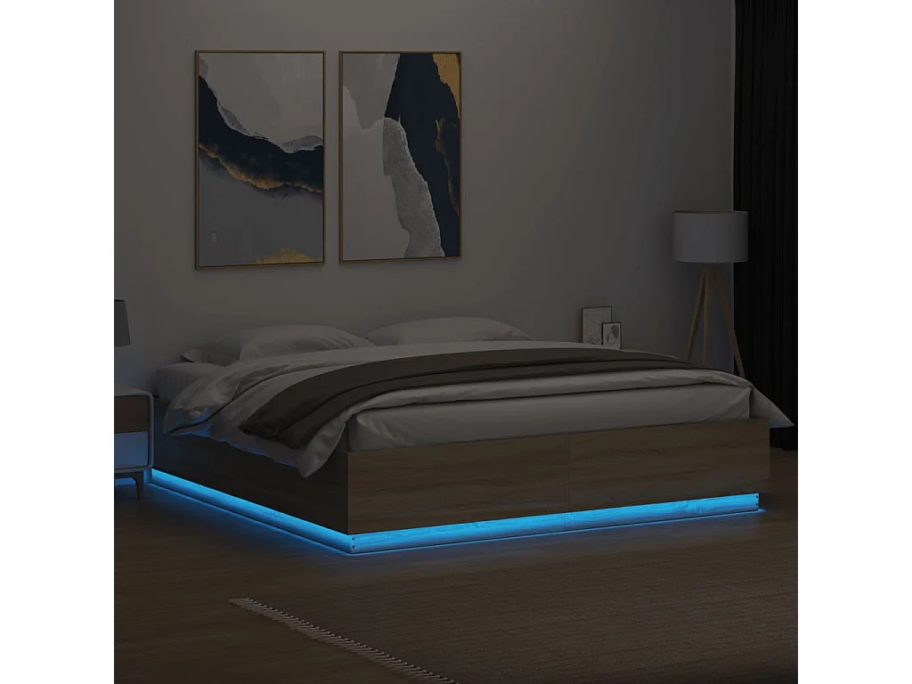 Cadre de lit avec lumières LED chêne sonoma 200x200