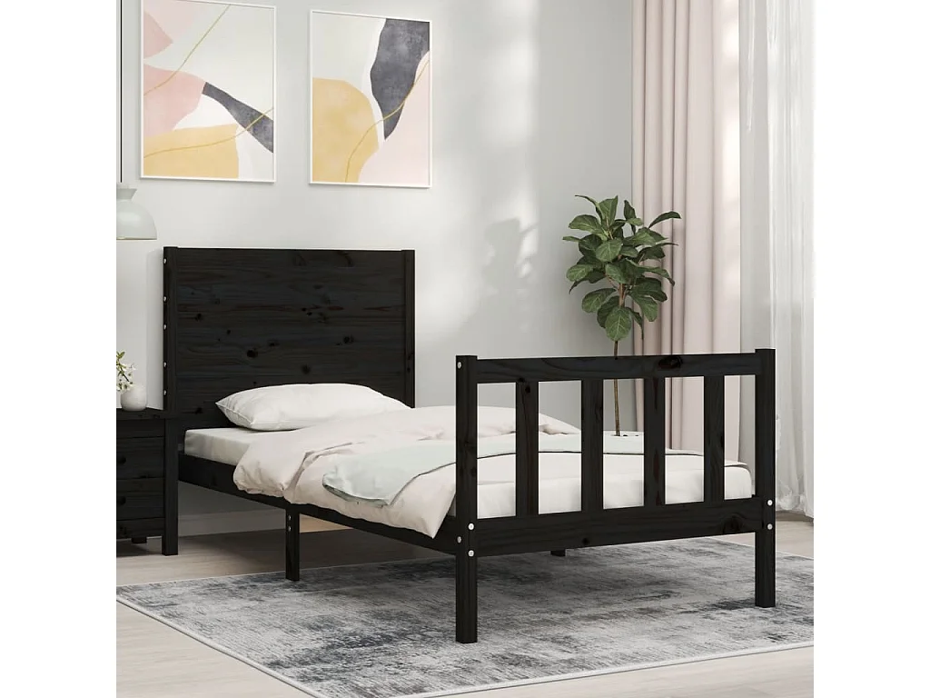 Cadre de lit avec tête de lit noir simple bois massif
