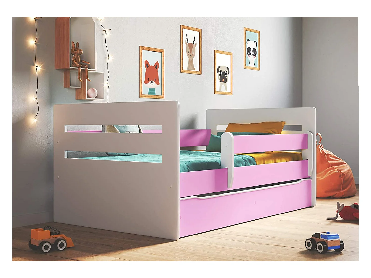 Lit enfant avec barrière de sécurité amovible blanc et rose Moly-Matelas mousse-80x180
