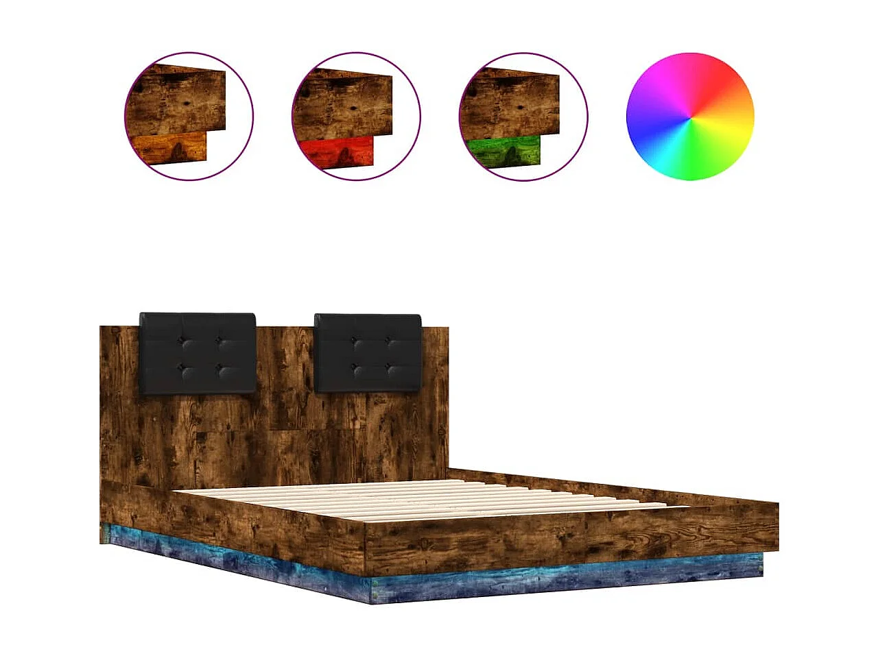 Cadre de lit tête de lit et lumières LED chêne fumé 140x200