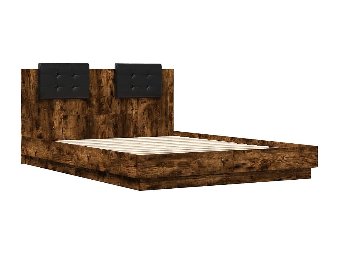 Cadre de lit tête de lit et lumières LED chêne fumé 150x200