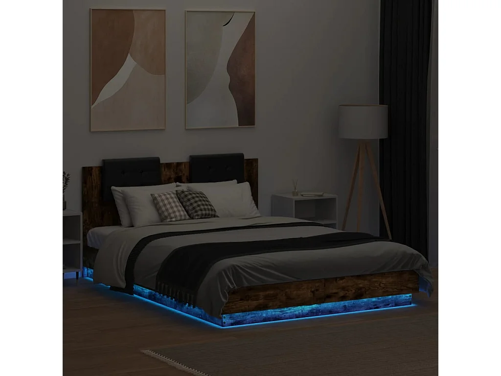 Cadre de lit tête de lit et lumières LED chêne fumé 150x200