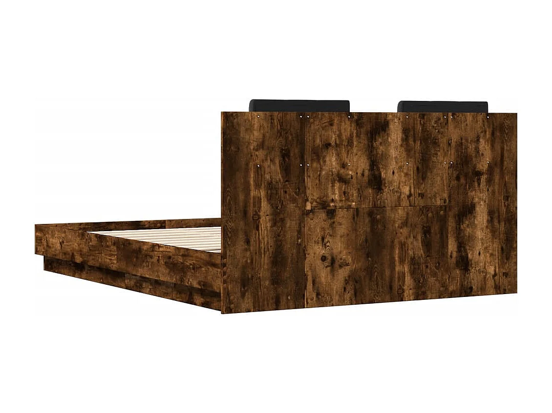 Cadre de lit tête de lit et lumières LED chêne fumé 150x200