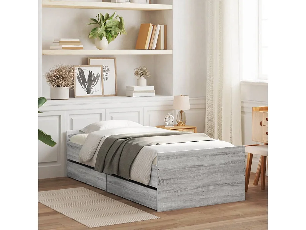 Cadre de lit avec tiroirs sonoma gris 90x200