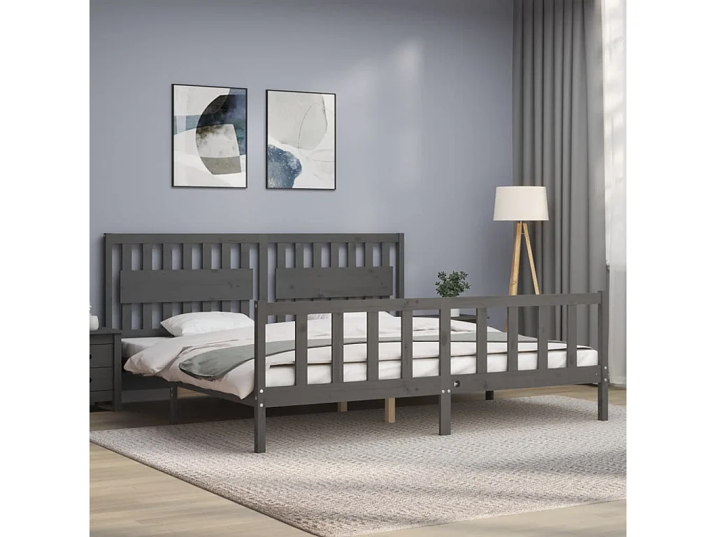 Cadre de lit avec tête de lit gris 200x200 bois massif