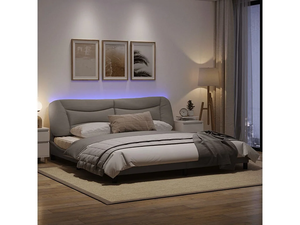 Cadre de lit avec lumières LED taupe 200x200 tissu