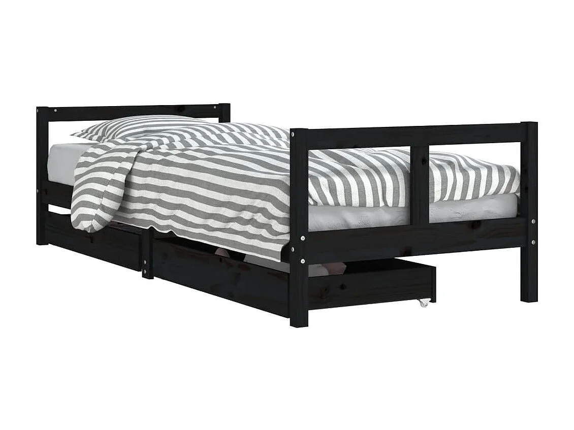 Cadre de lit enfant tiroirs noir 80x200 bois de pin massif