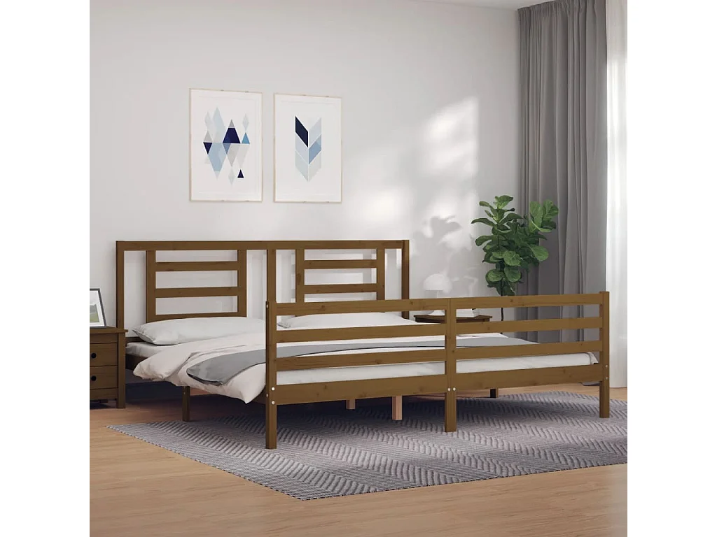 Cadre de lit avec tête de lit marron miel 200x200 bois massif