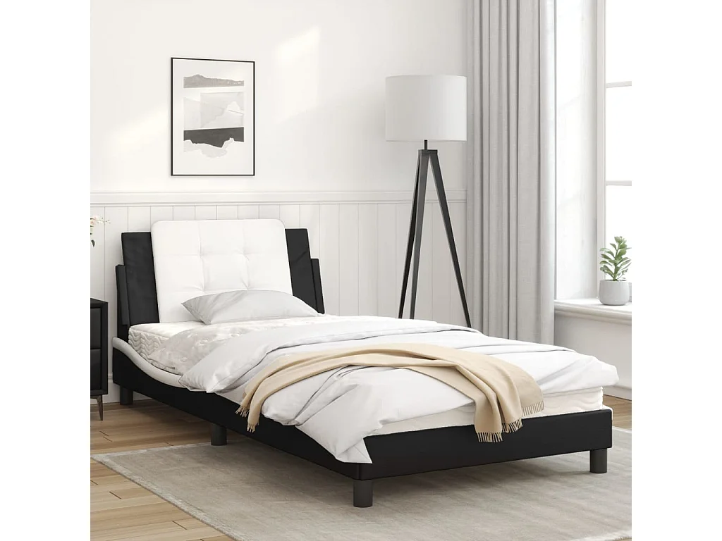 Cadre de lit et tête de lit noir et blanc 100x200 similicuir