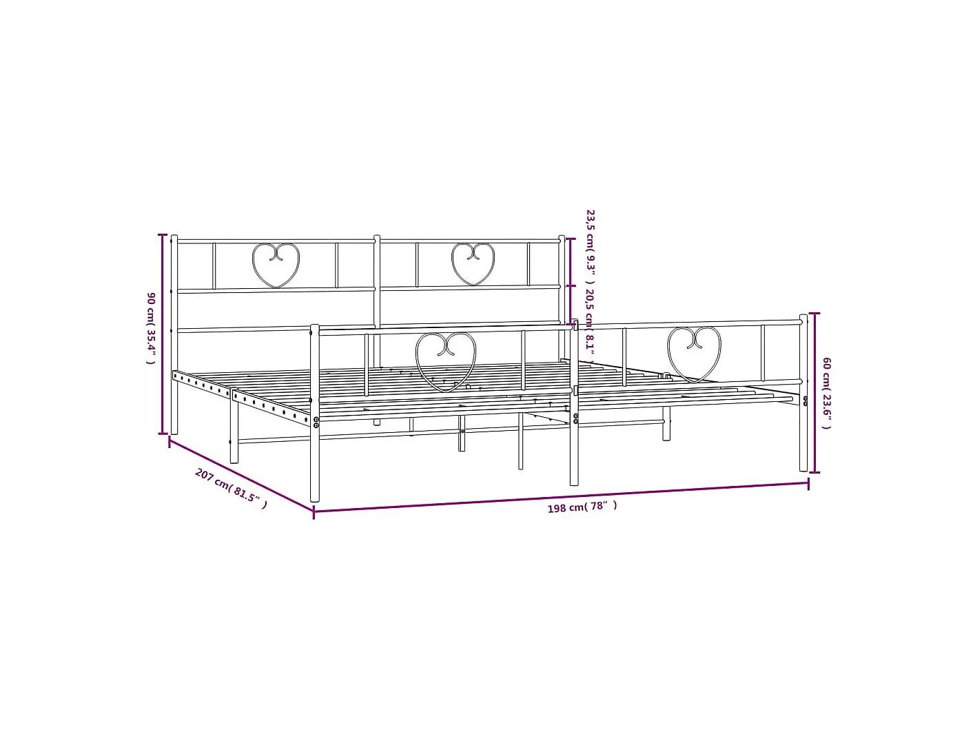 Cadre de lit métal avec tête de lit-pied de lit blanc 193x203