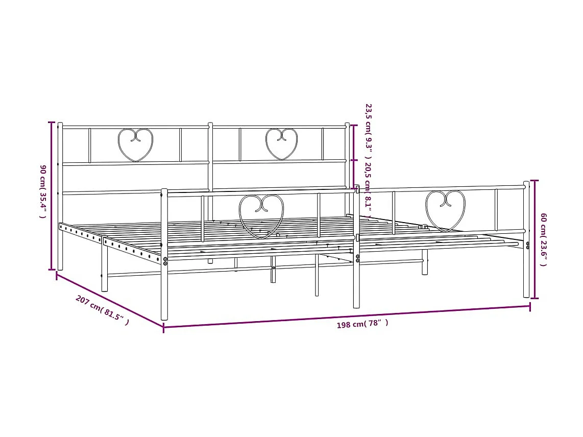 Cadre de lit métal avec tête de lit-pied de lit blanc 193x203