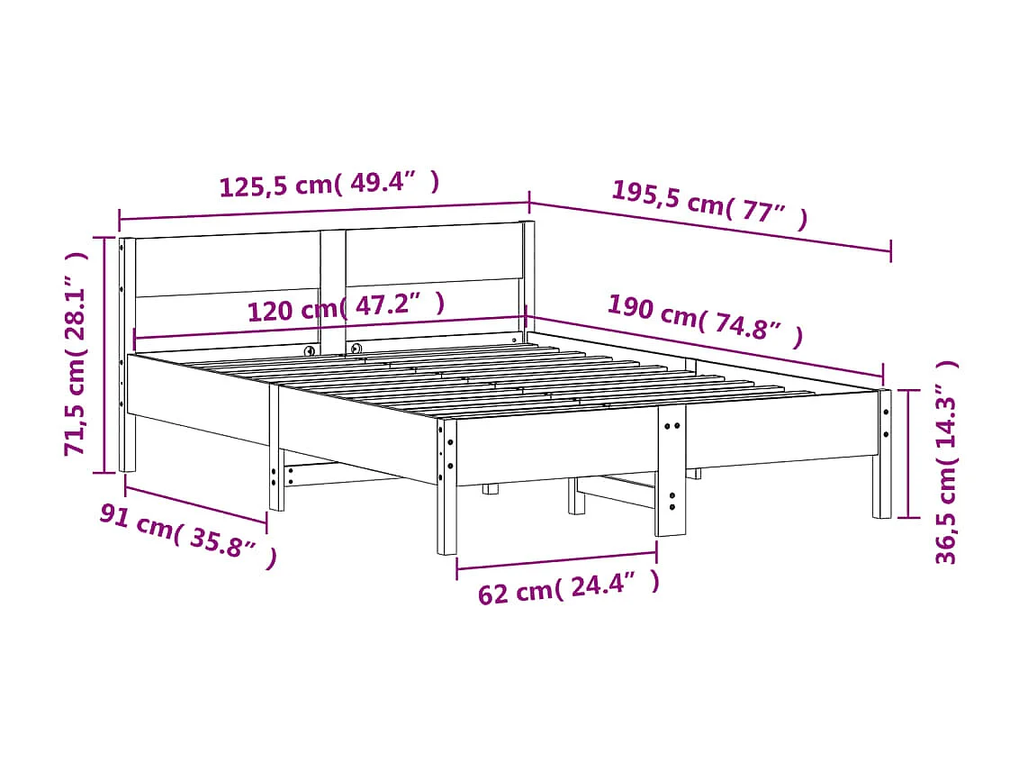 Cadre de lit avec tête de lit blanc 120x190 bois pin massif