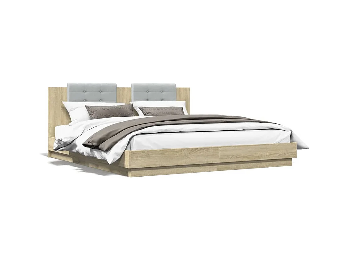 Cadre de lit tête de lit et lumières LED chêne sonoma 200x200