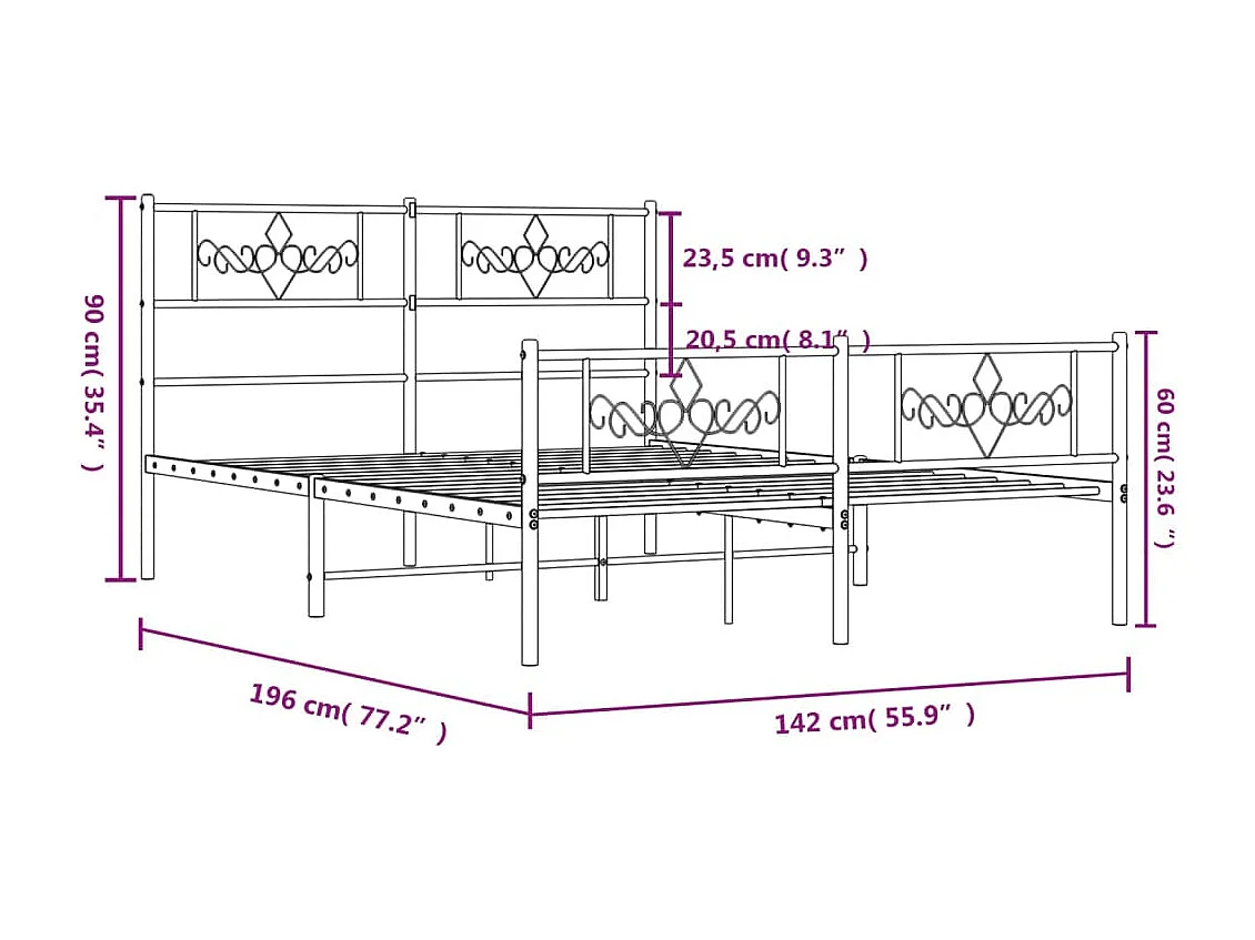 Cadre de lit métal avec tête de lit-pied de lit blanc 135x190