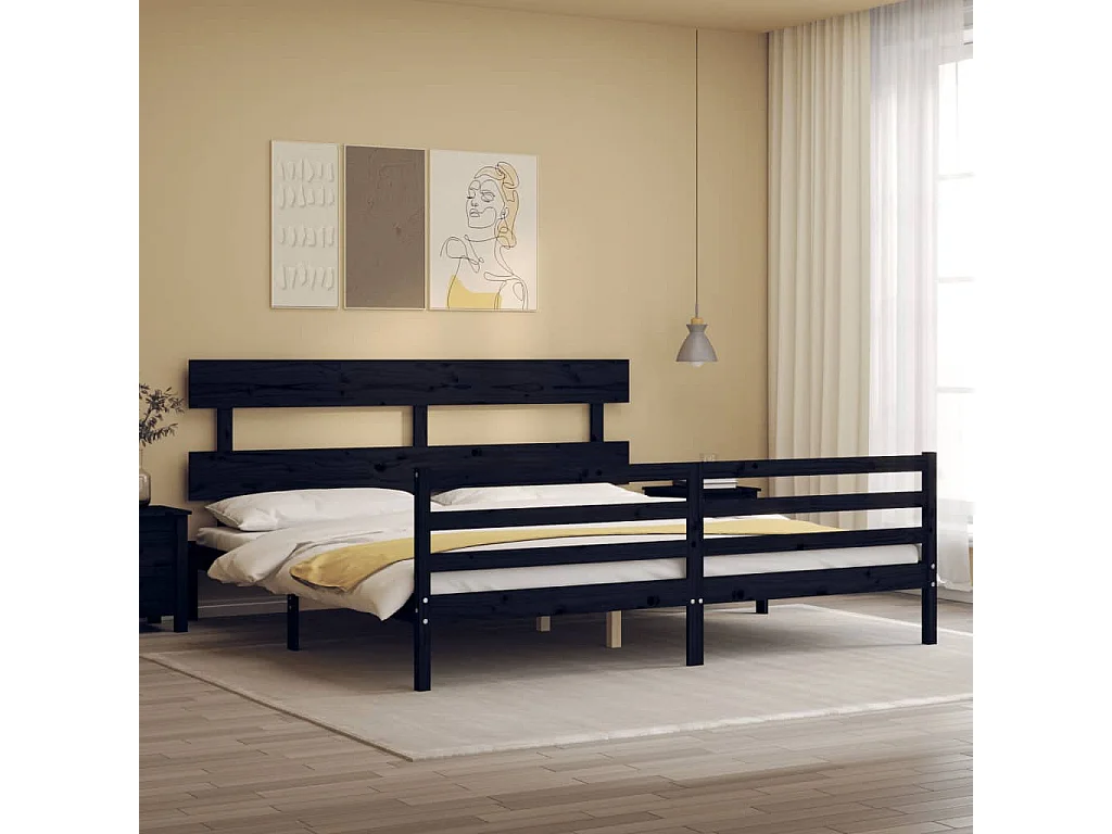 Cadre de lit avec tête de lit noir 200x200 bois massif