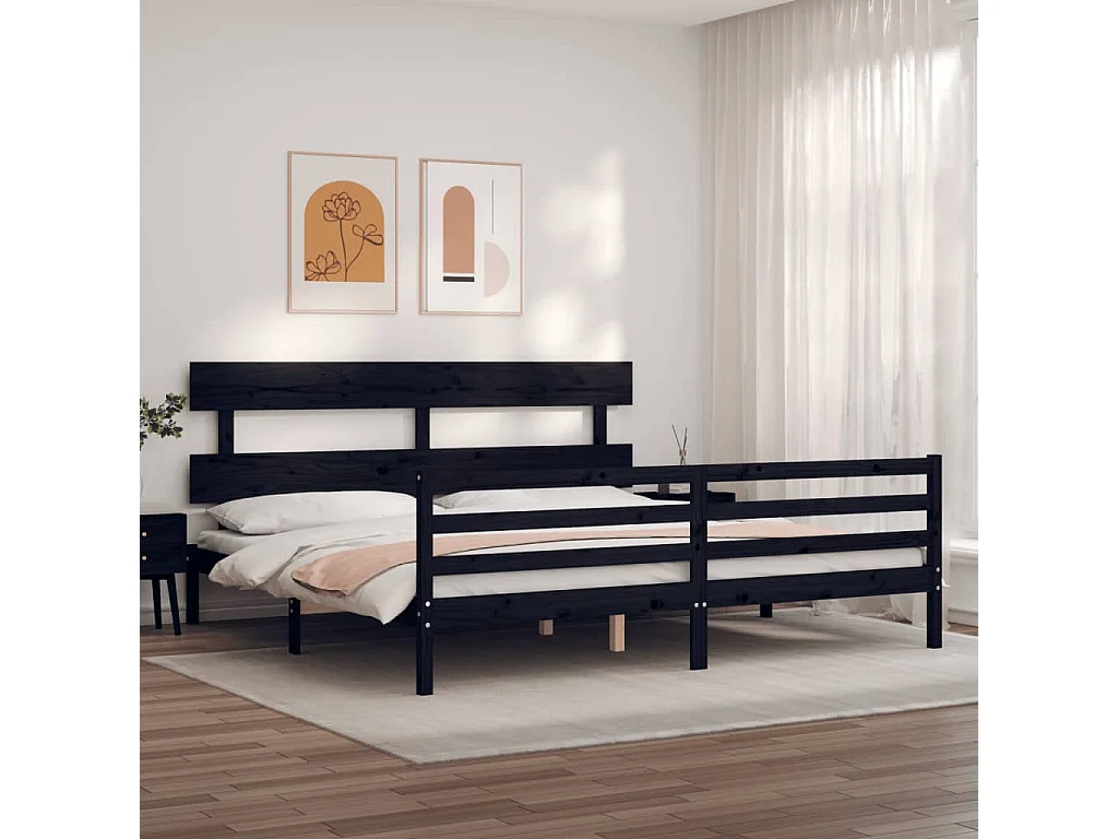 Cadre de lit avec tête de lit noir 200x200 bois massif