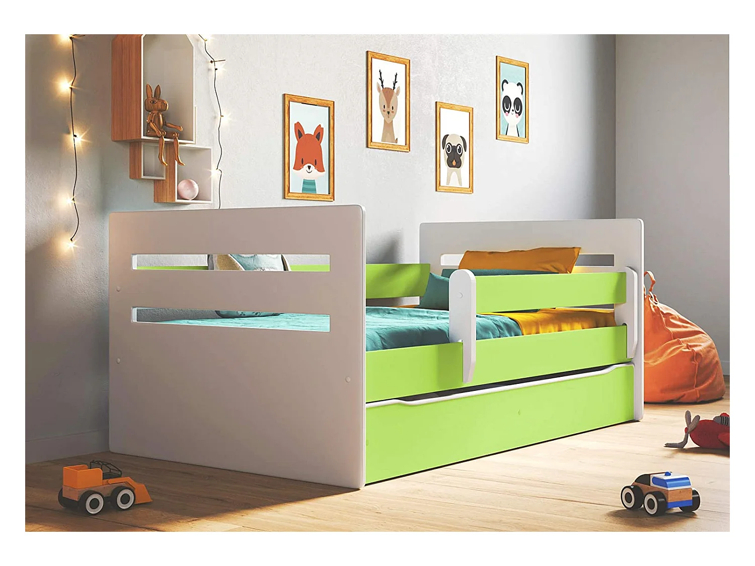 Lit enfant avec barrière de sécurité amovible blanc et vert Moly-Matelas mousse-80x160-Tiroirs Avec tiroir