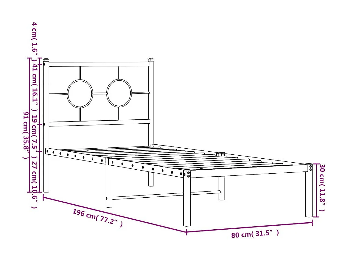 Cadre de lit métal avec tête de lit noir 75x190