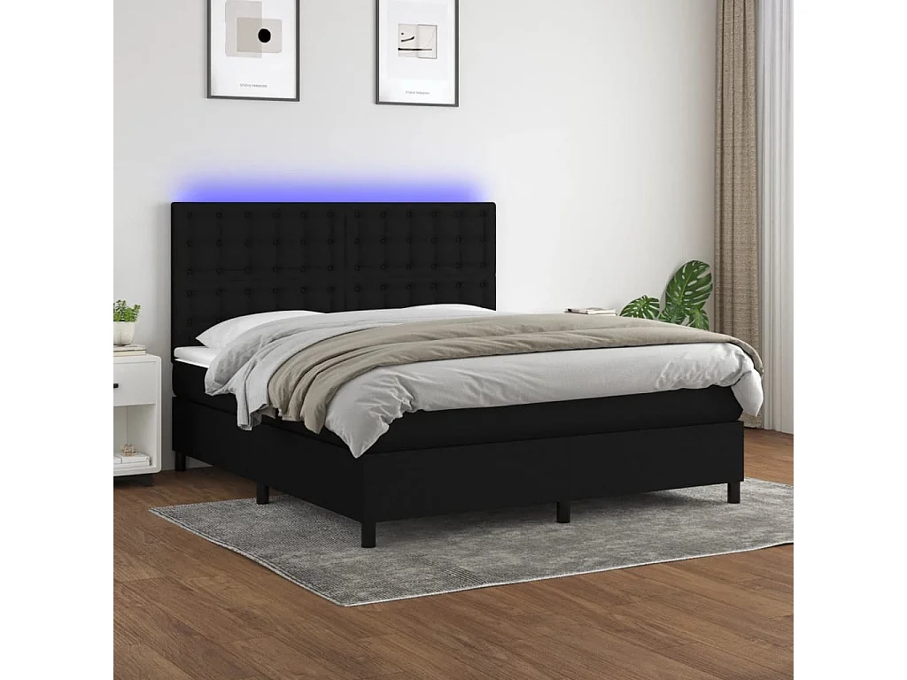 Sommier à lattes de lit et matelas et LED Noir 180x200 Tissu