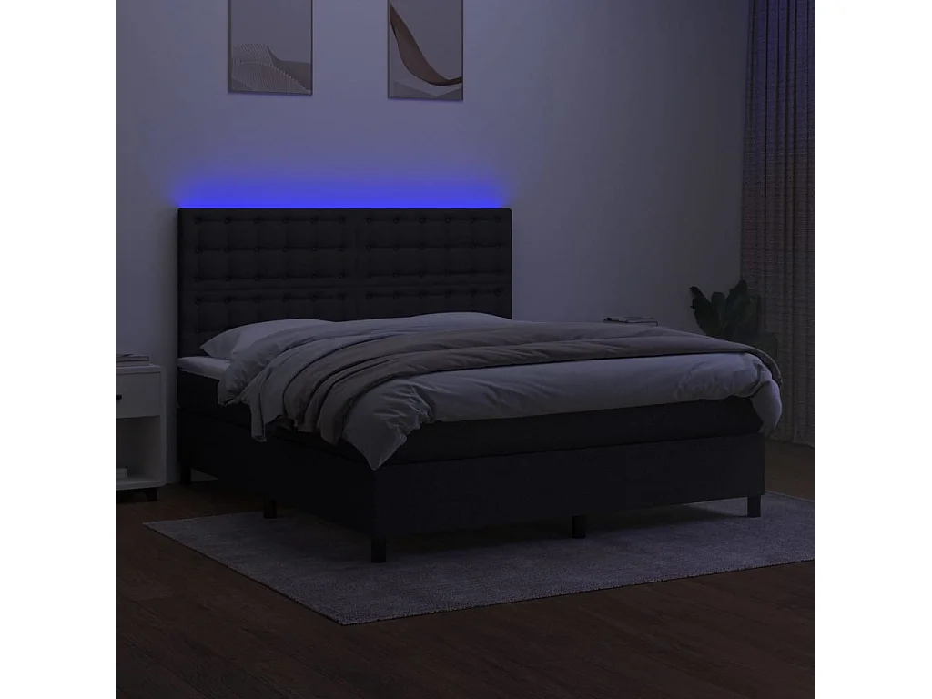 Sommier à lattes de lit et matelas et LED Noir 180x200 Tissu