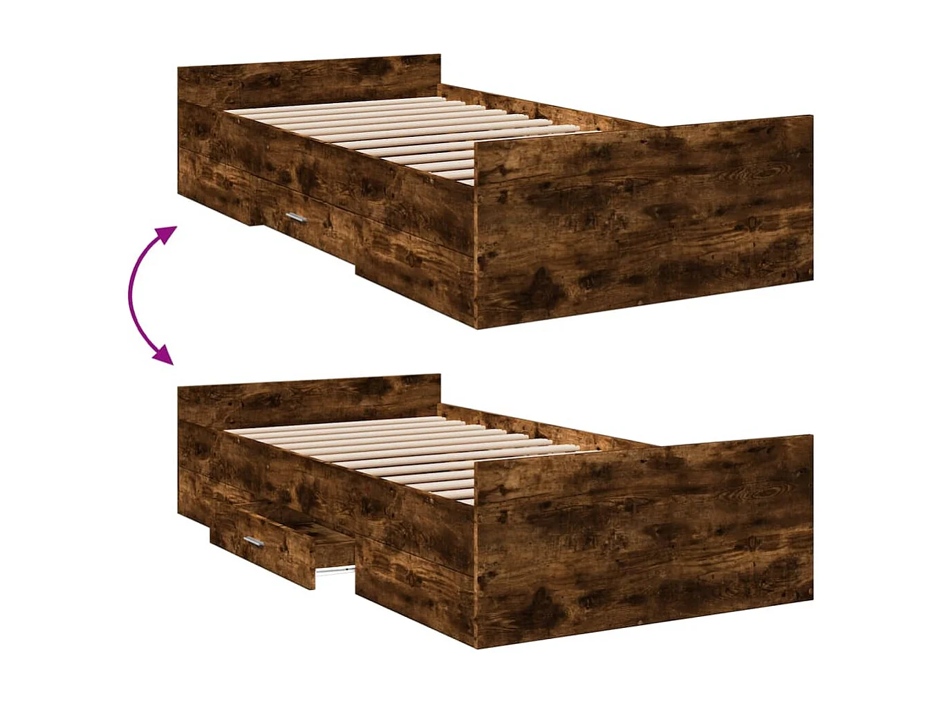 Cadre de lit et tiroirs chêne fumé 75x190 bois d'ingénierie