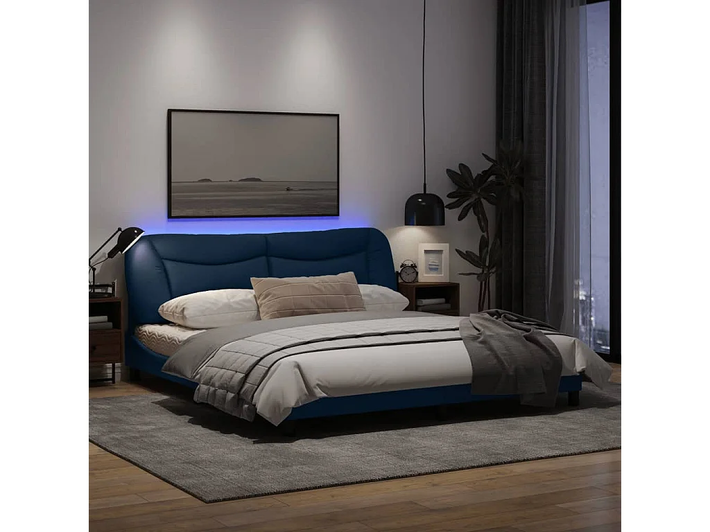 Cadre de lit avec lumières LED bleu 180x200 tissu